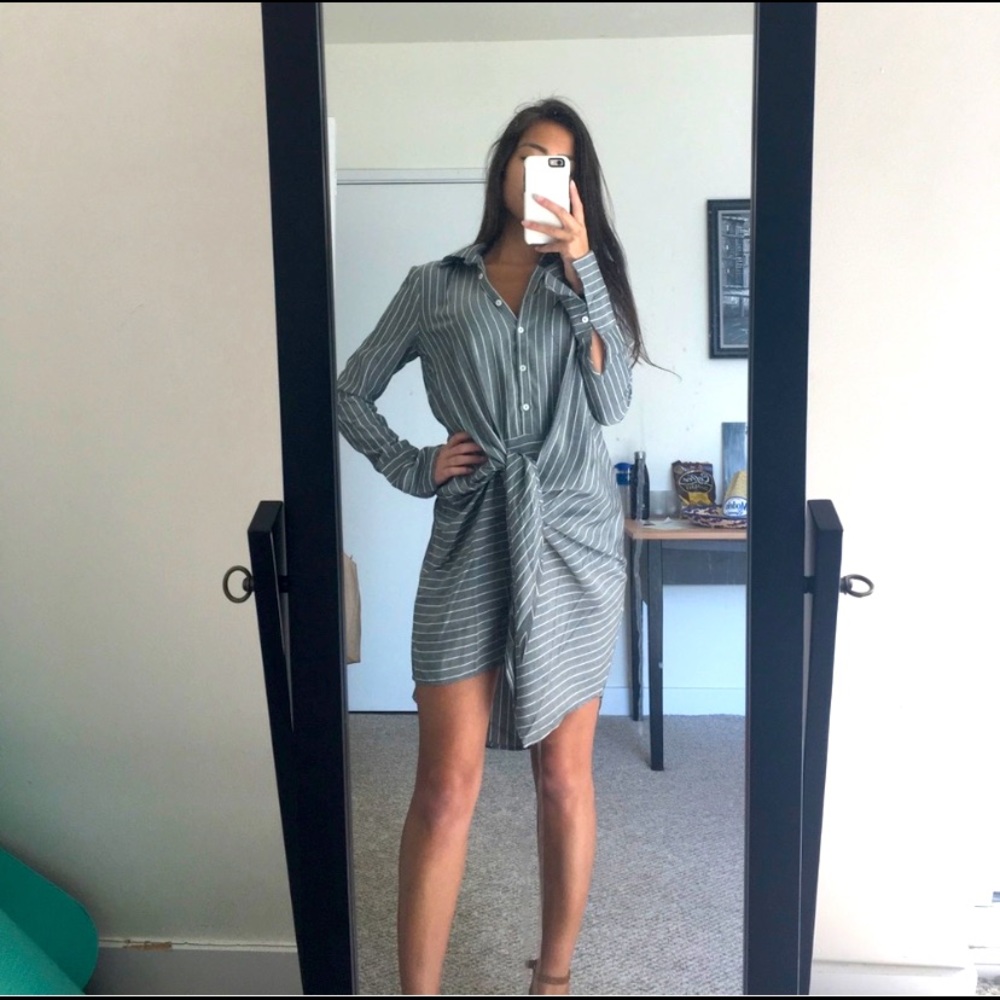 Grey and white striped work dress